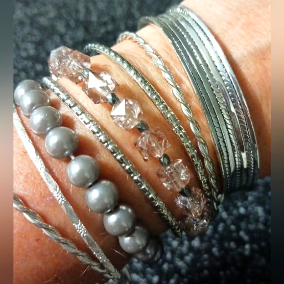 Stack of 8 Silvertone Bracelets - Picture 3 of 5